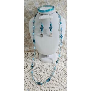 Blue Bead and Glass Necklace, Earrings and Bracelet Set
